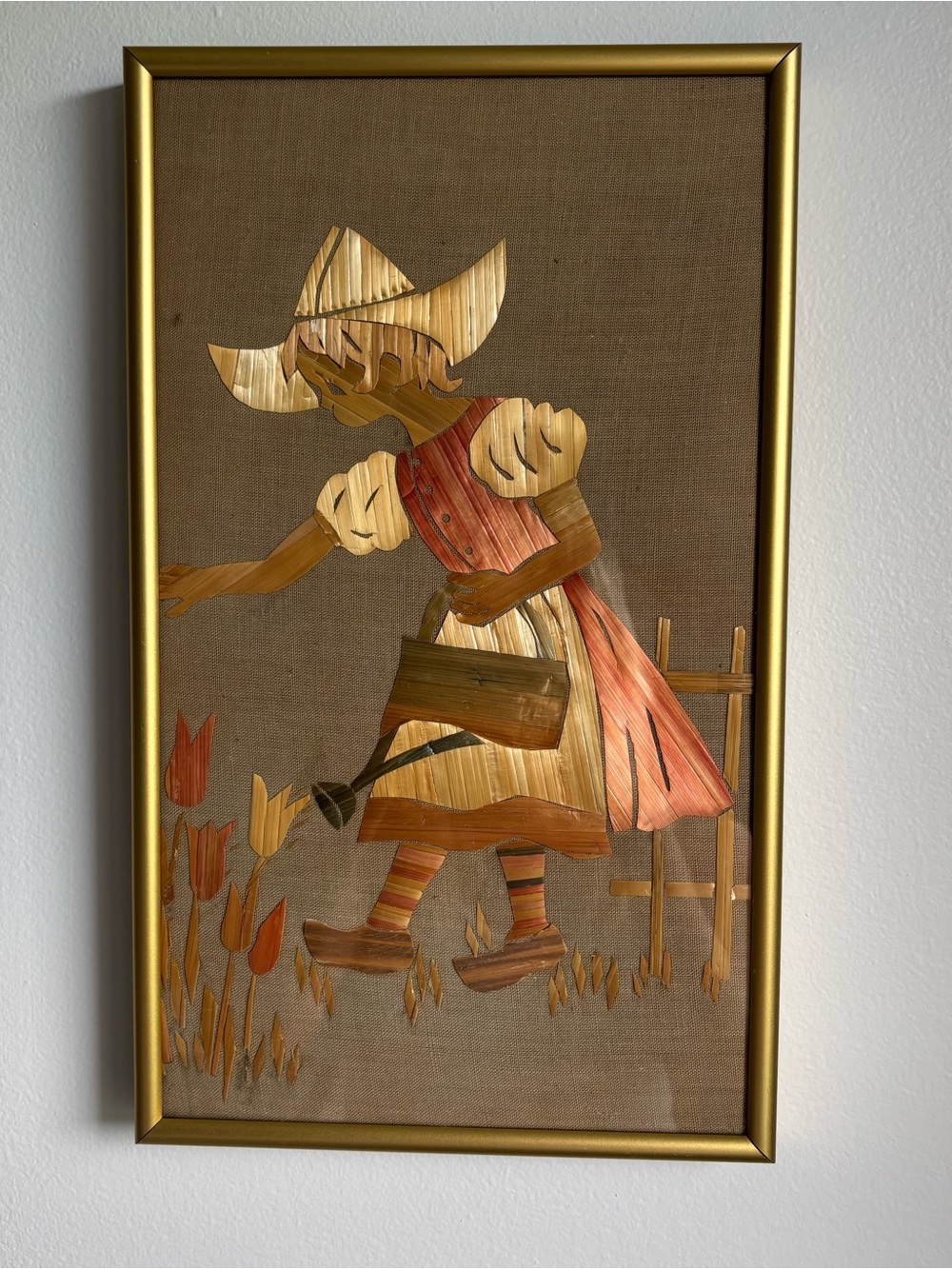 Vintage Mid-Century Framed Straw Art – Dutch Girl & Tulips